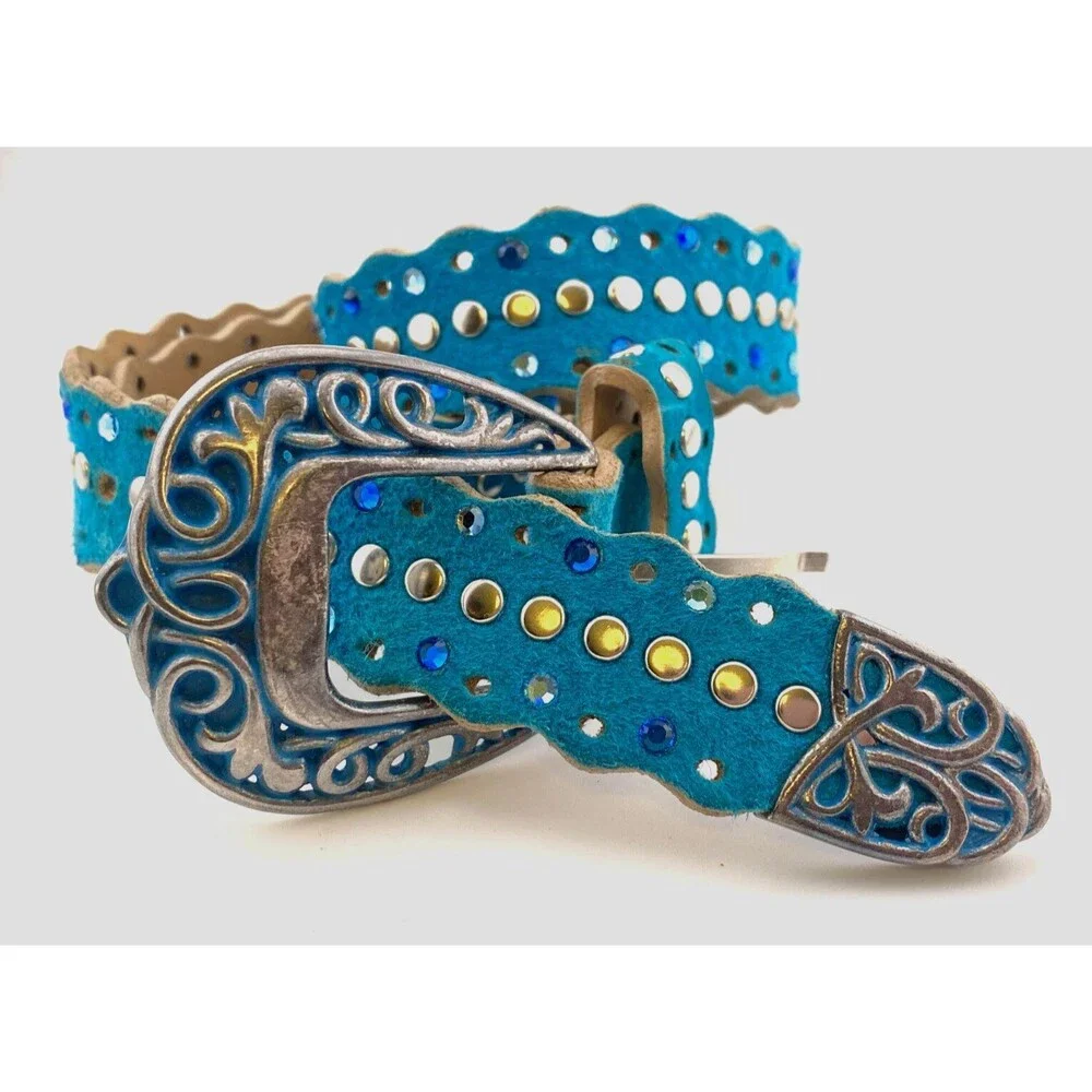 Vtg Leather Western Belt Womens S Rhinestone Studs Cowgirl Turquoise Blue Suede
